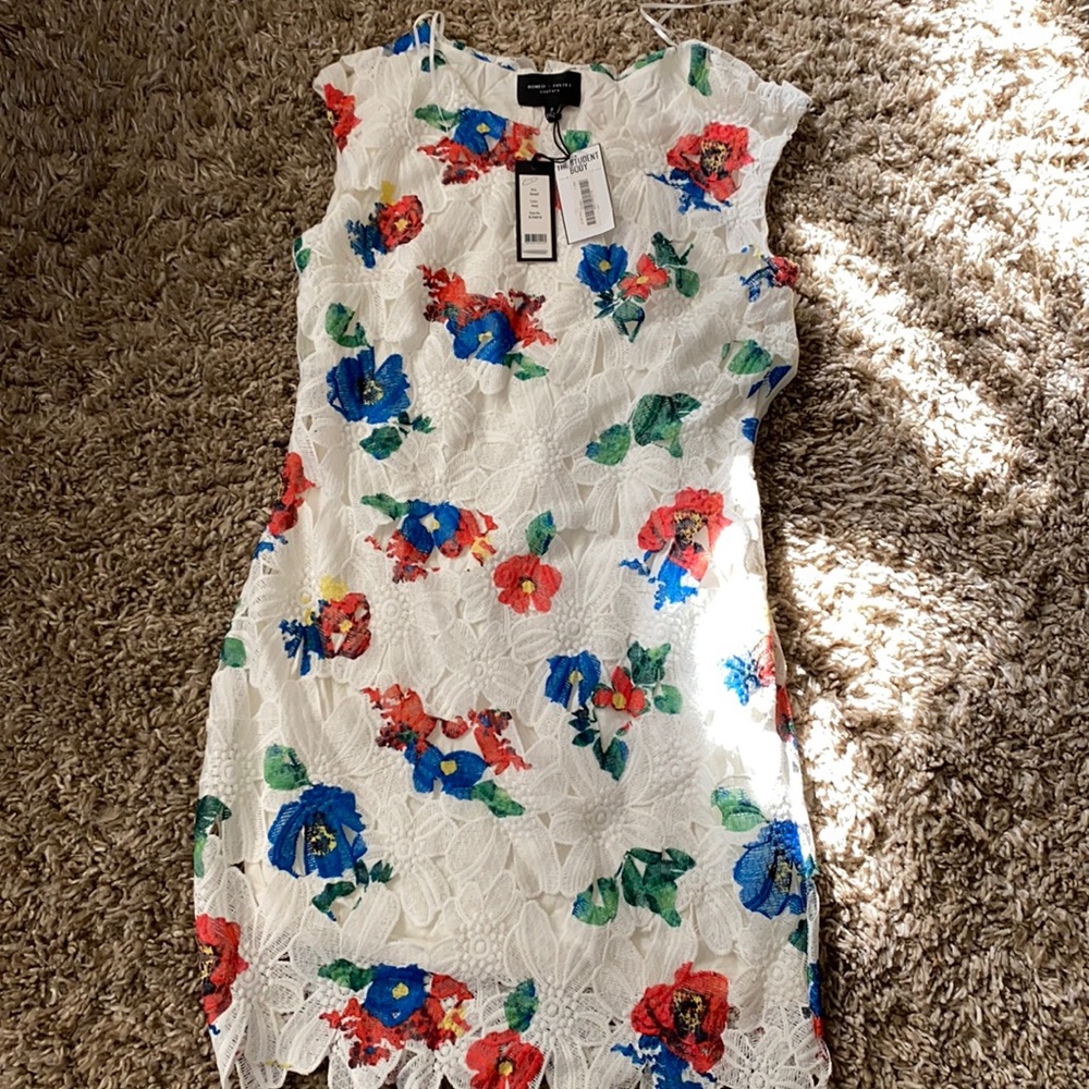 romeo + juliet couture white dress with multi colored flowers